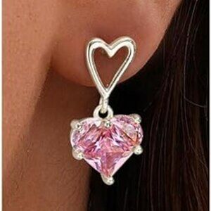 Silver Pink Chunky Heart Earrings Set Hypoallergenic Hearts